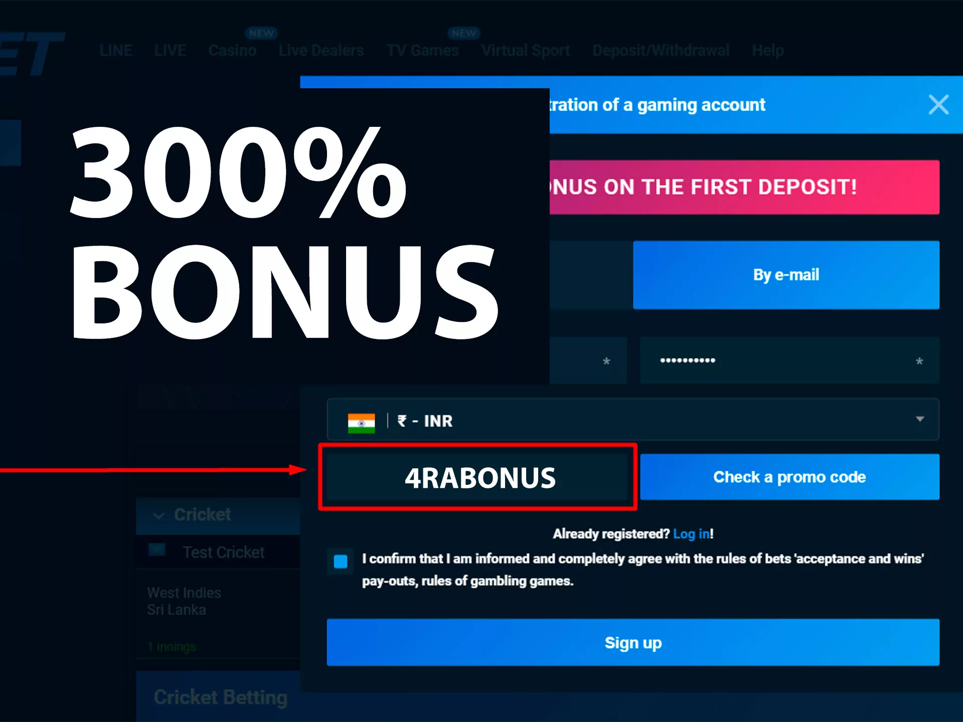 Enter our promo code while registering and get 300% bonus on your deposit.
